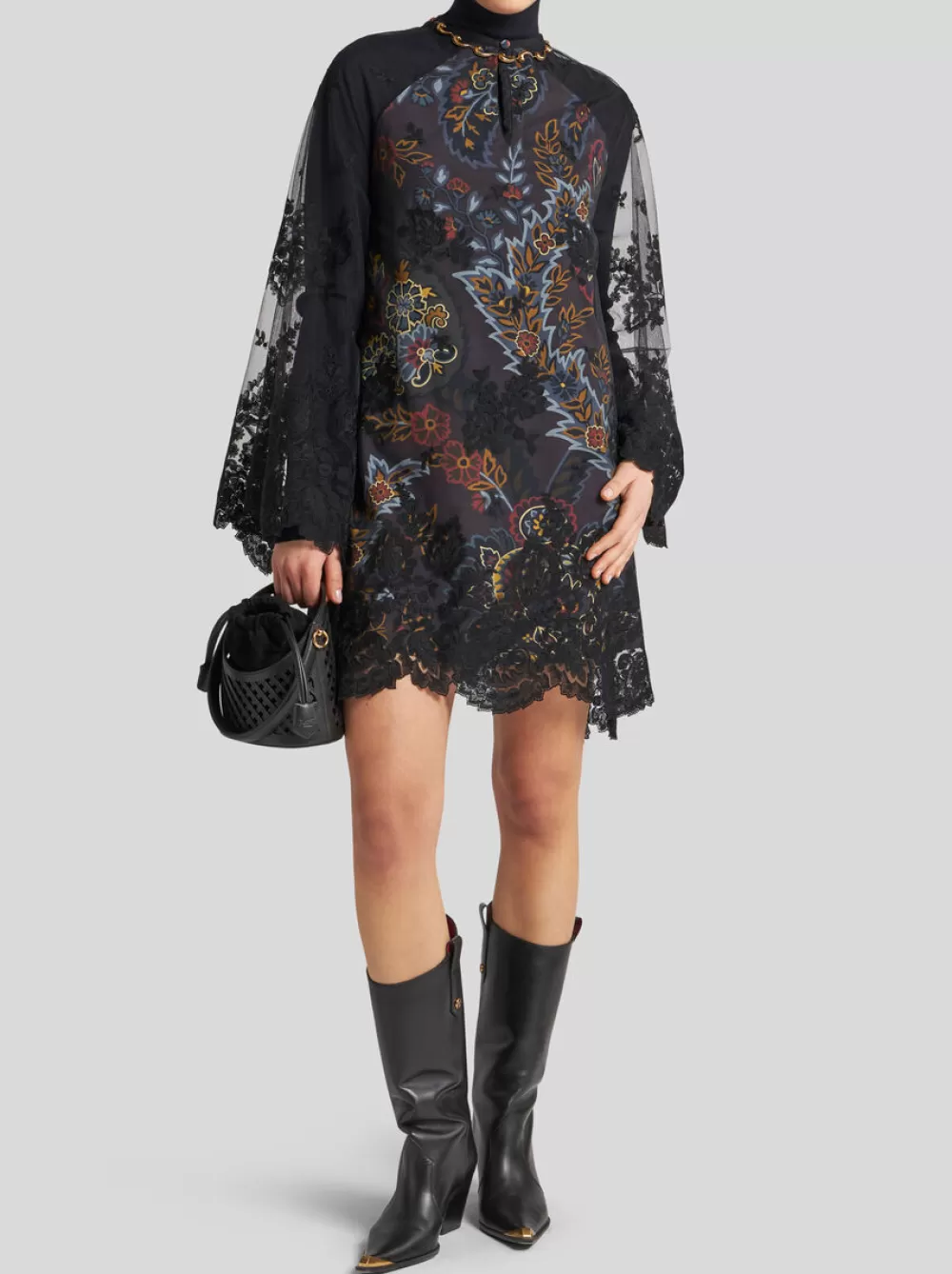 Donna ETRO Abiti>ABITO CORTO IN CREPE DE CHINE E PIZZO