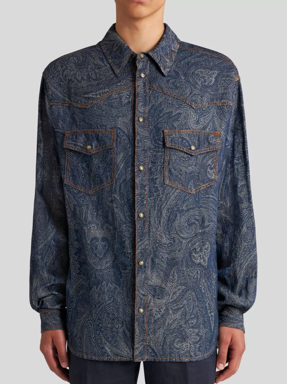 Uomo ETRO Denim | Camicie>CAMICIA IN DENIM CON PAISLEY