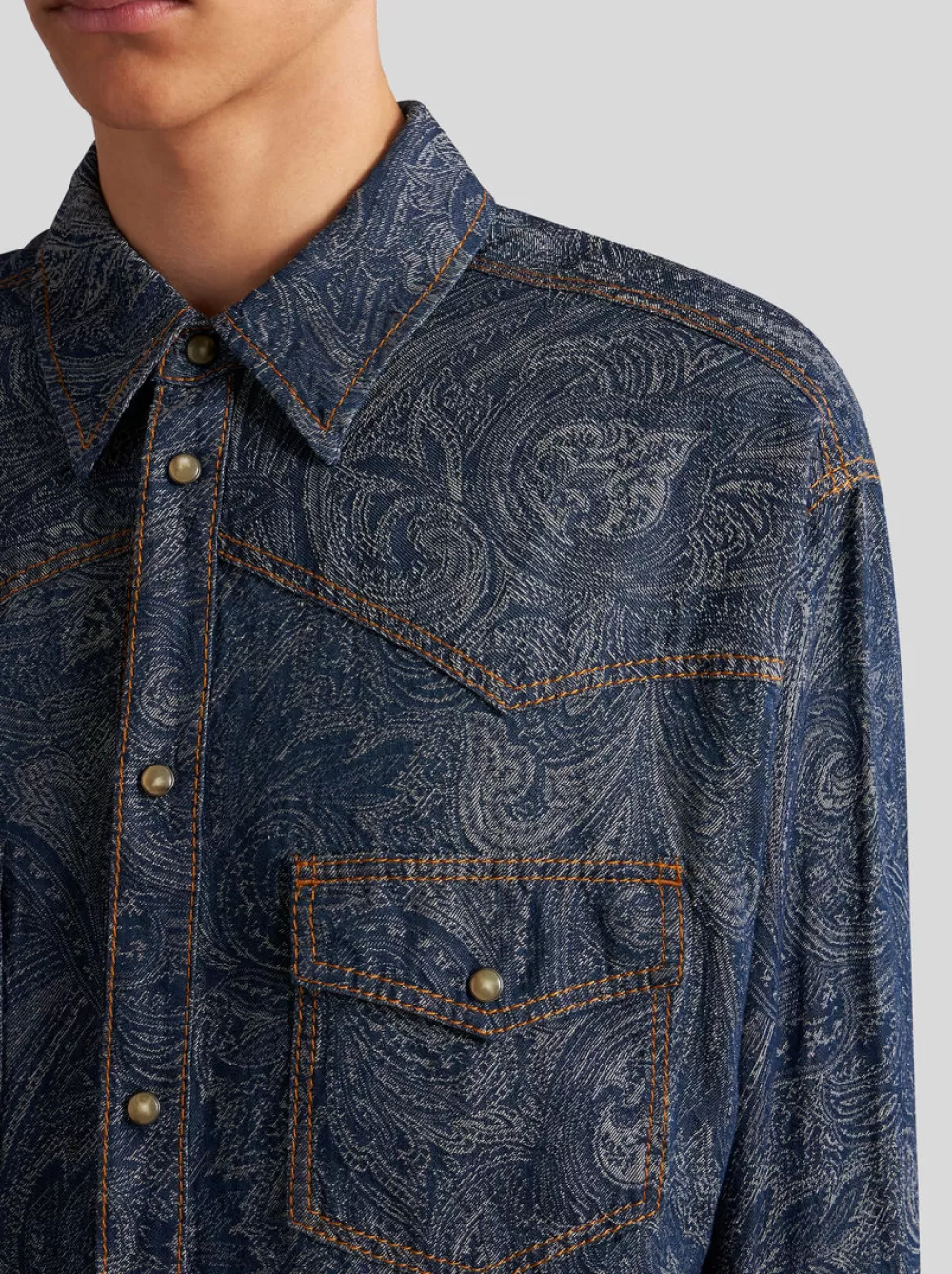 Uomo ETRO Denim | Camicie>CAMICIA IN DENIM CON PAISLEY