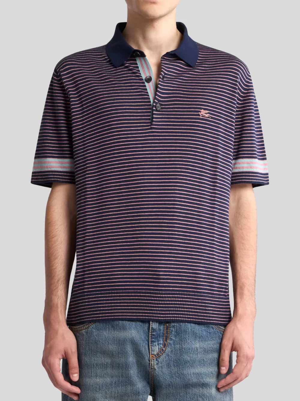 Uomo ETRO Maglieria | Polo>POLO IN MAGLIA A RIGHE CON PEGASO