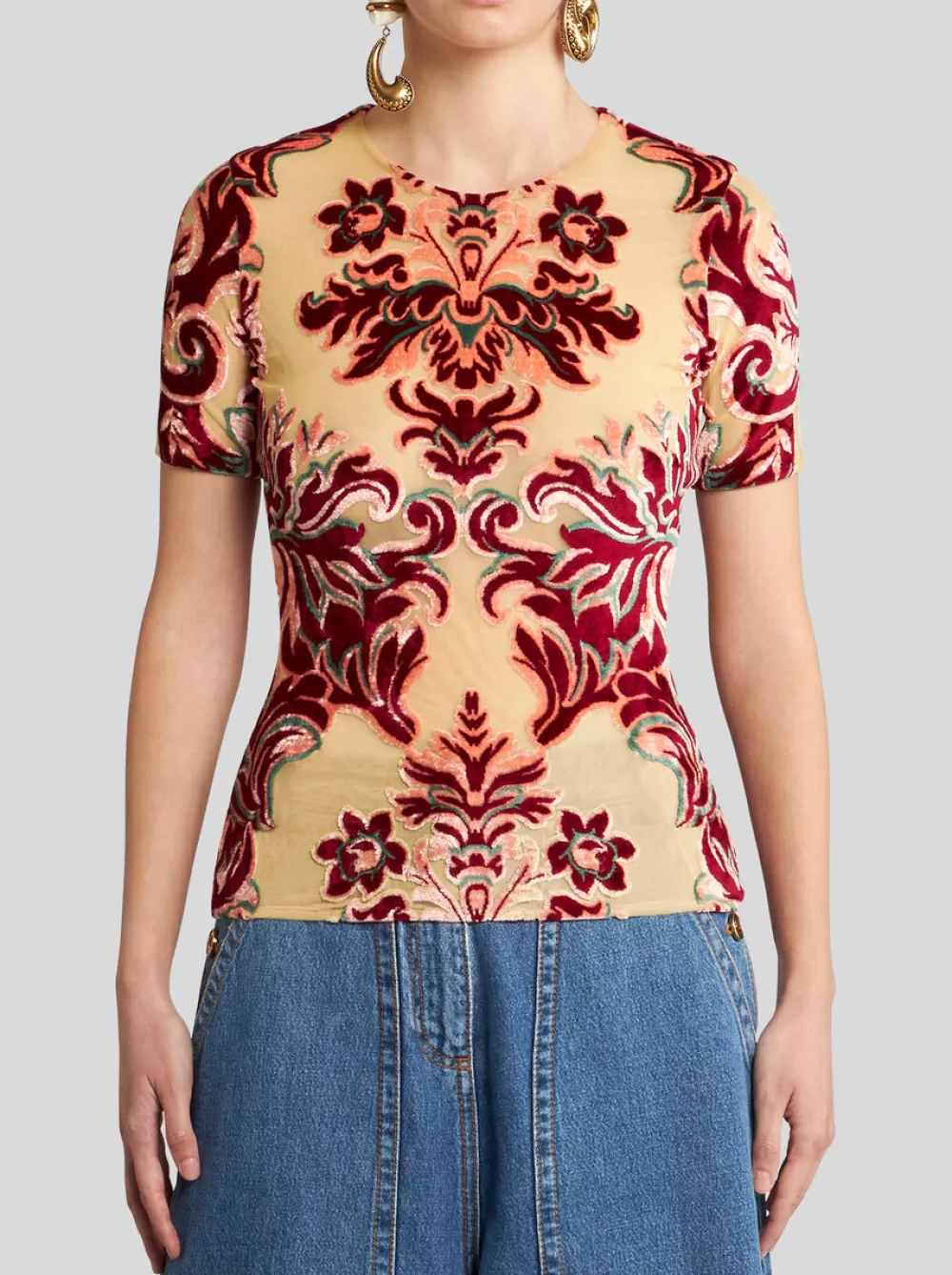 Donna ETRO Top>T-SHIRT IN TULLE JACQUARD DI VELLUTO